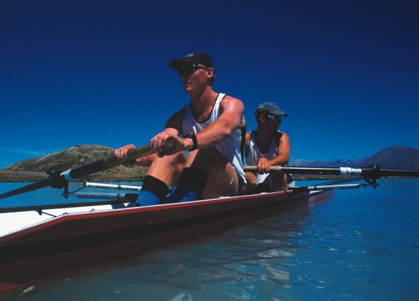 51_Waitaki_14 Members of Canterbury Rowing Club Don (bow) and Nick Cooper head out for training on manmade Lake Ruataniwha, a favoured rowing venue adjacent to the town of Twizel.